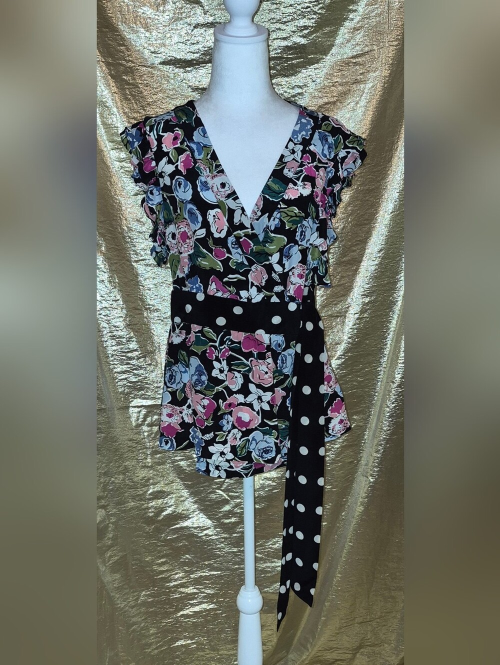 Odille - Anthopologie Black Floral Tie-Front Top with Pink, Blue & Green Accents